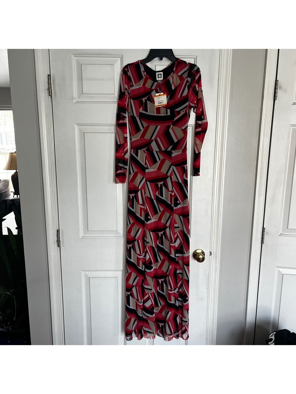 Anne Klein Red Pear/Poppy Combo Geometric Print Long Sleeve Maxi Dress Size S